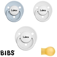 Bibs de LUX Schnuller mit Namen, Rund, Latex, Gr. 1, (2 White + 1 Babyblue - HK), 3'er Pack